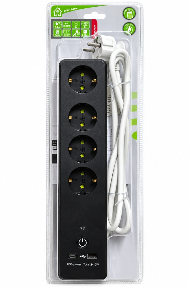 TIDO WLAN-Steckdosenleiste 'Smart Home' mit Timer & USB-A/USB-C (4-fach, 1,4 m, Schwarz)