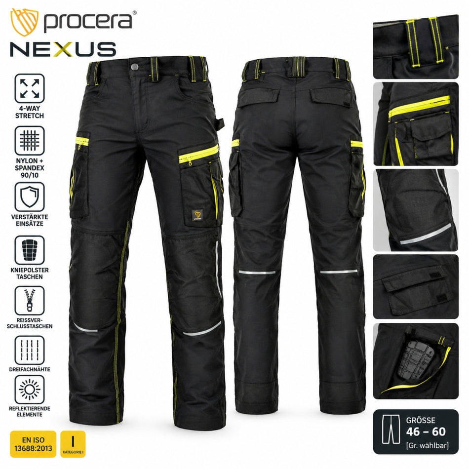 PROCERA Bund-Arbeitshose 'NEXUS' 4-Way Stretch Schwarz/Gelb [Gr. wählbar]