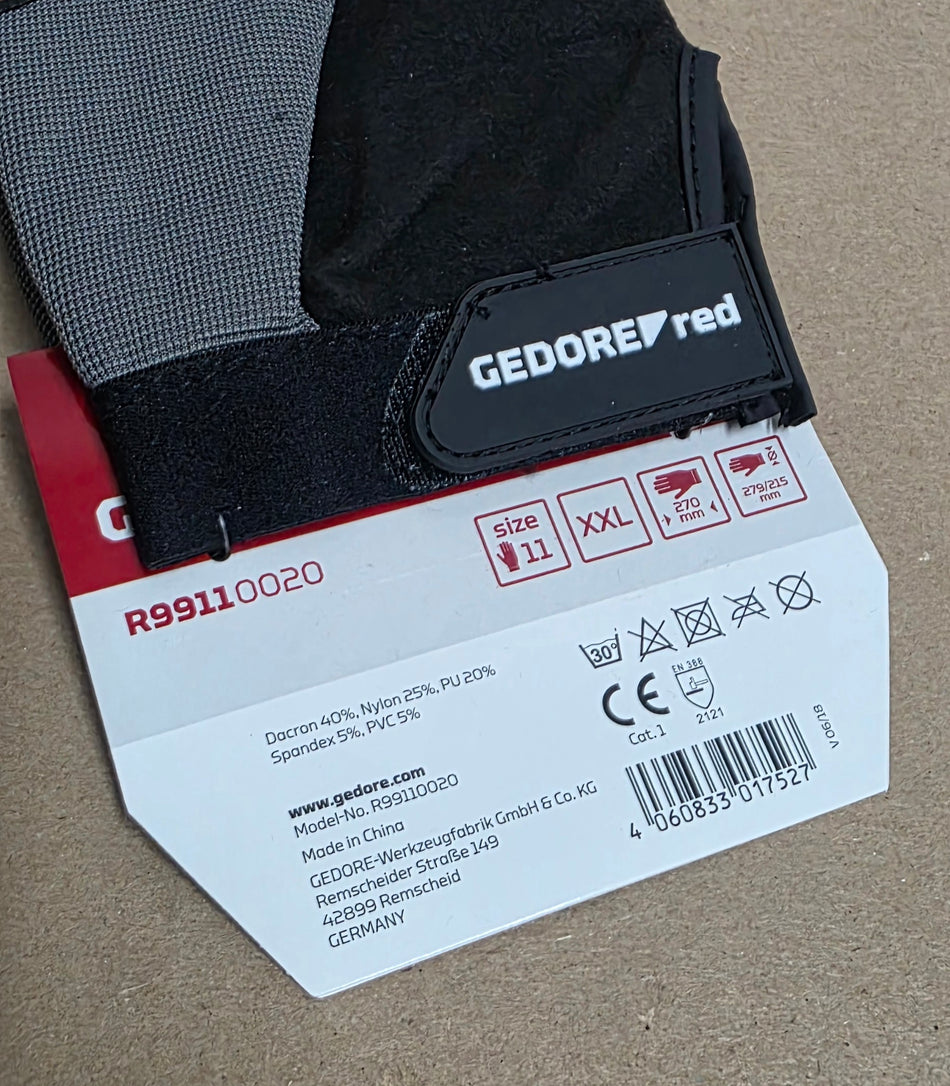 GEDORE Handschuh R99110020, Rückseite mit Größenangabe XXL, Etikett und Barcode sichtbar