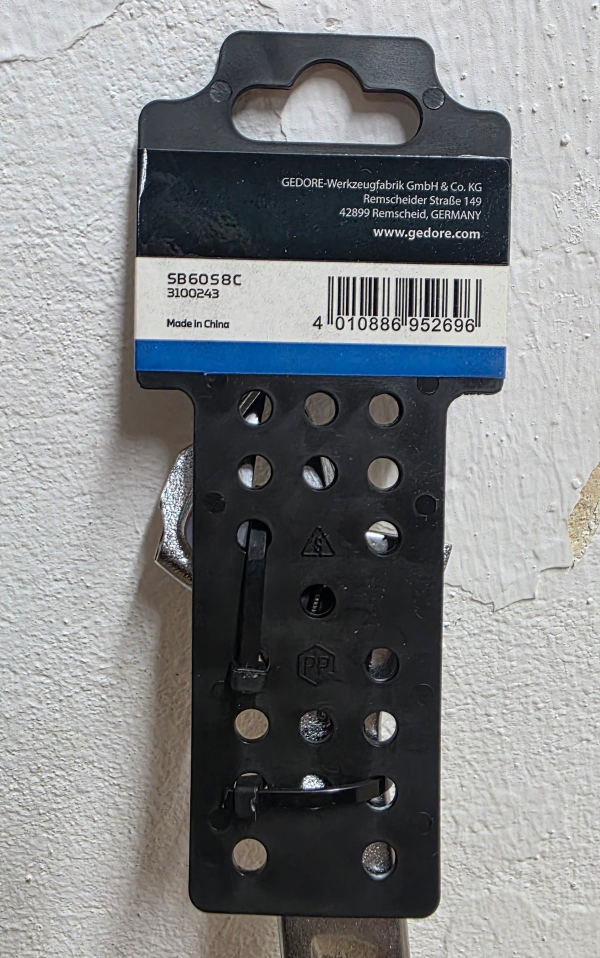 GEDORE Einmaulschlüssel verstellbar SB6058C 207 mm in Verpackung von hinten mit Barcode und Herstellerinfos