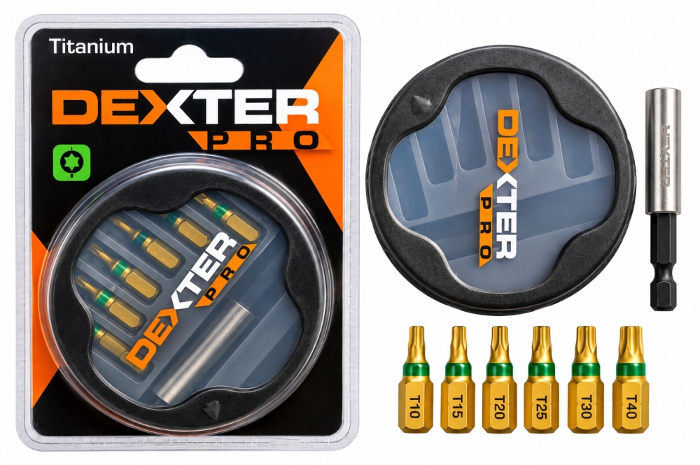 Bild 1 von DEXTER PRO Torx Bit-Set 'Titanium' mit Bithalter (7-teilig, T10–T40)