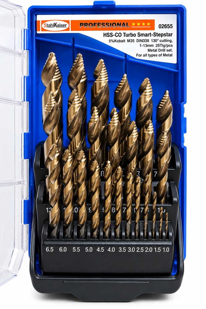 Bild 1 von STAHLKAISER HSS-Co Metallbohrer-Satz 'Turbo Smart-Stepstar' (25-teilig, 1–13mm, 5% Kobalt)