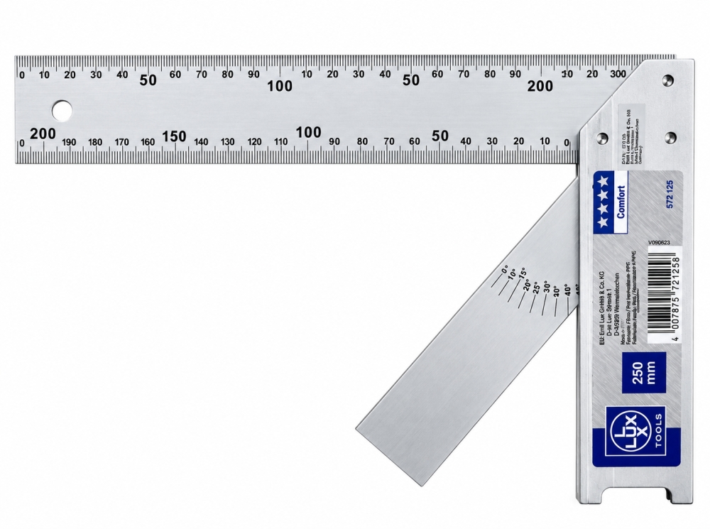 Bild 1 von LUX-TOOLS Kombinationswinkel 'Comfort' (250 mm) mit Winkelmesser & Millimeterskala 572125
