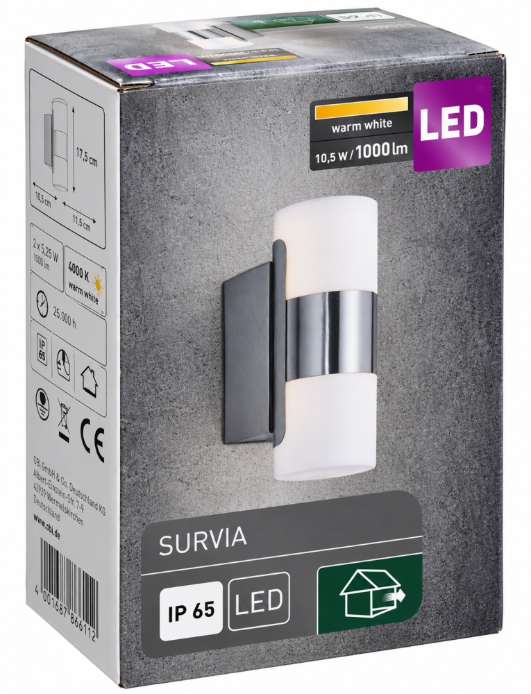 Bild 1 von OBI Außenwandleuchte LED Up Down 2 x 5,25W 'Survia' (Aluminium, Anthrazit)