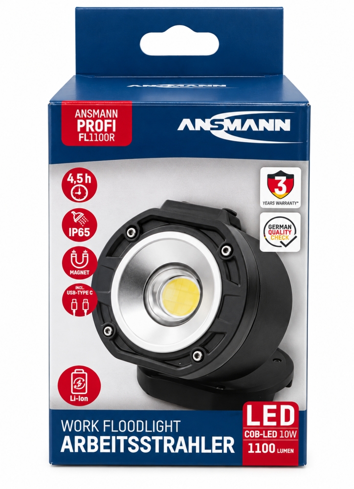 Bild 1 von ANSMANN Akku-Arbeitsleuchte 'PROFI FL1100R' COB LED 10 W (1100 lm, IP65)