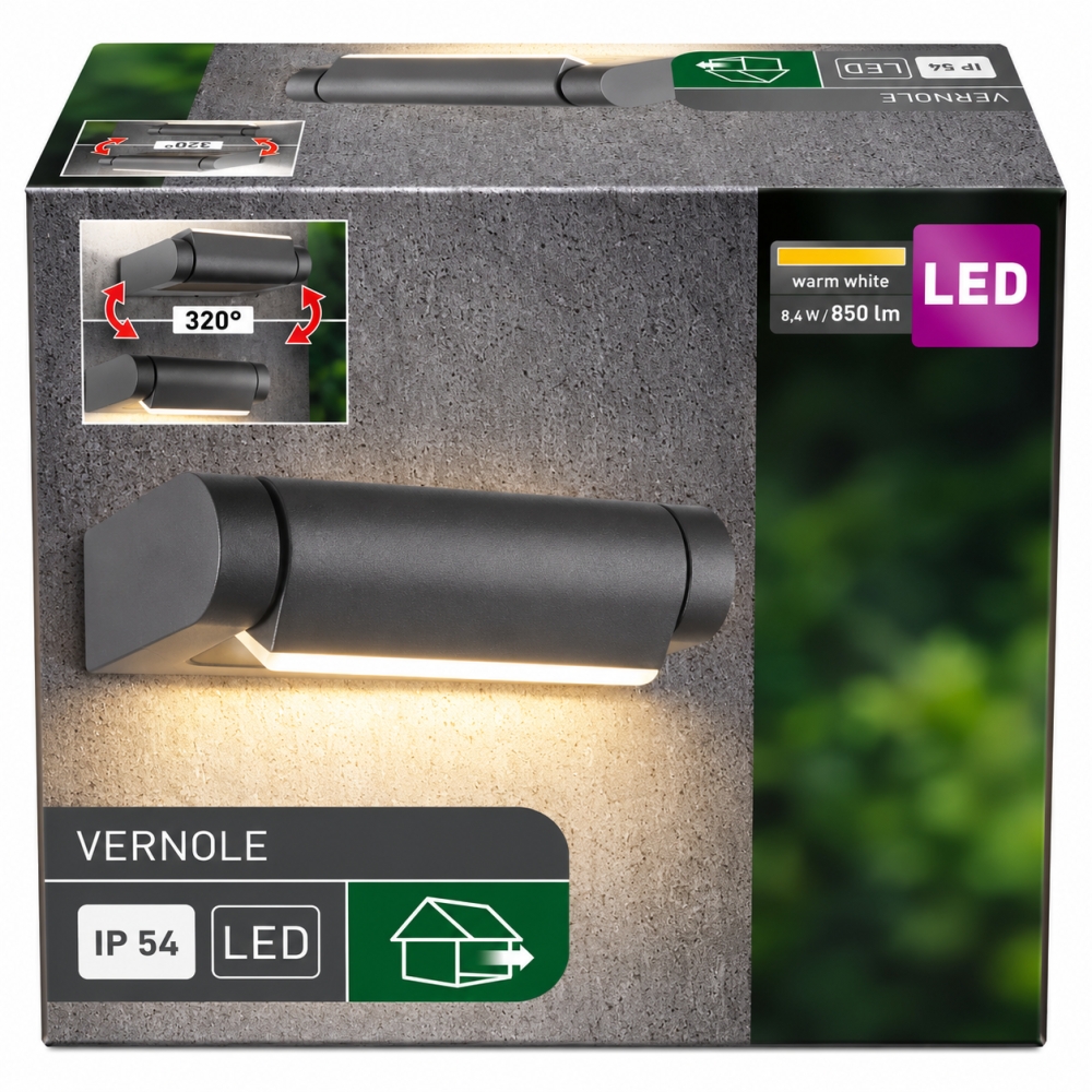 Bild 1 von OBI Außenwandleuchte LED 'Vernole' Aluminium dunkelgrau (8,4 W, 850 lm, 3000 K, IP54, schwenkbar)