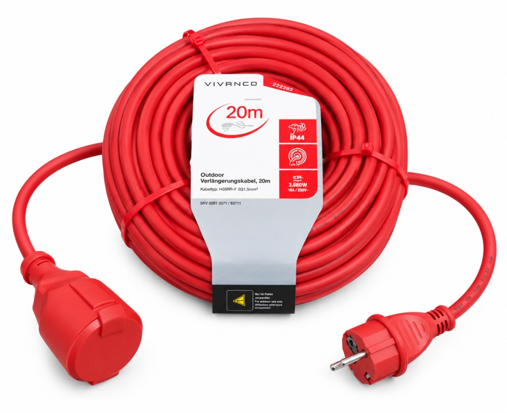 Bild 1 von VIVANCO Outdoor-Verlängerungskabel 20M ROT (IP44, H05RR-F 3G1,5 mm²)