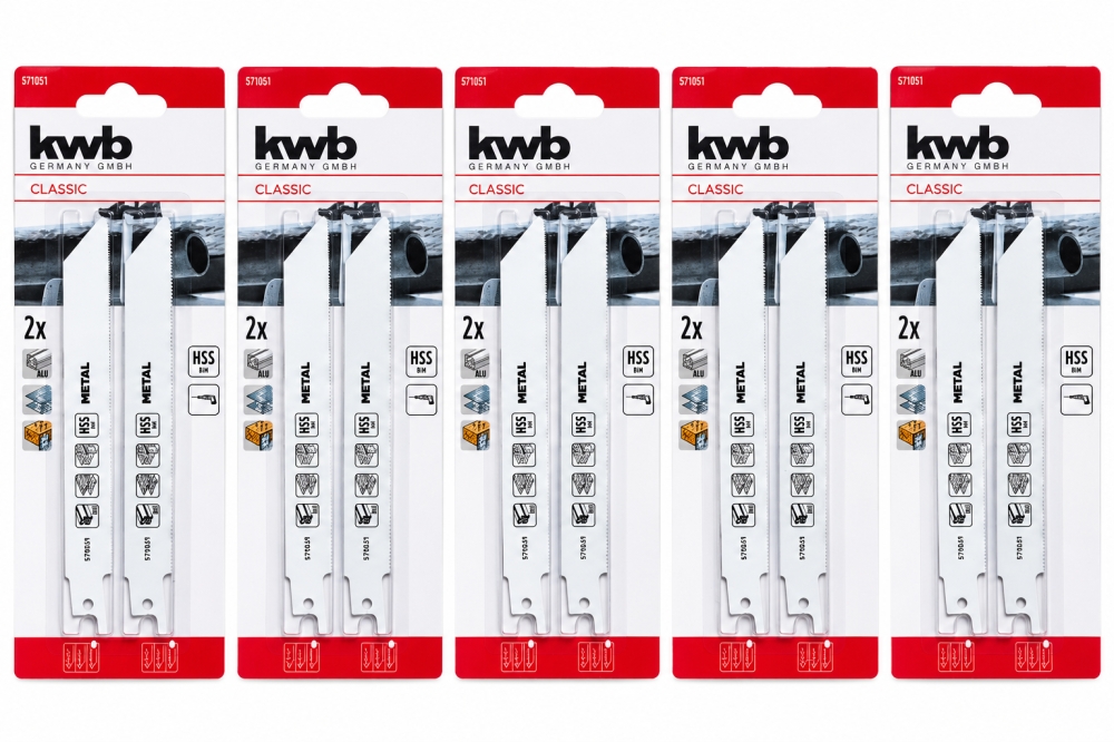 Bild 1 von KWB Säbelsägeblätter (5 x 2 Stück) 'CLASSIC' HSS Bi-Metall für Metall (150 mm) 571031