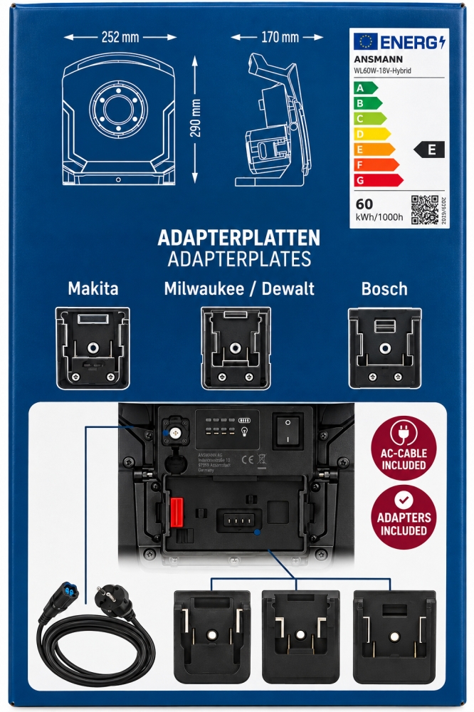 Bild 1 von ANSMANN Akku-Arbeitsleuchte LED 'WL60W 18V HYBRID' (6350lm) für Makita Milwaukee DeWalt Bosch