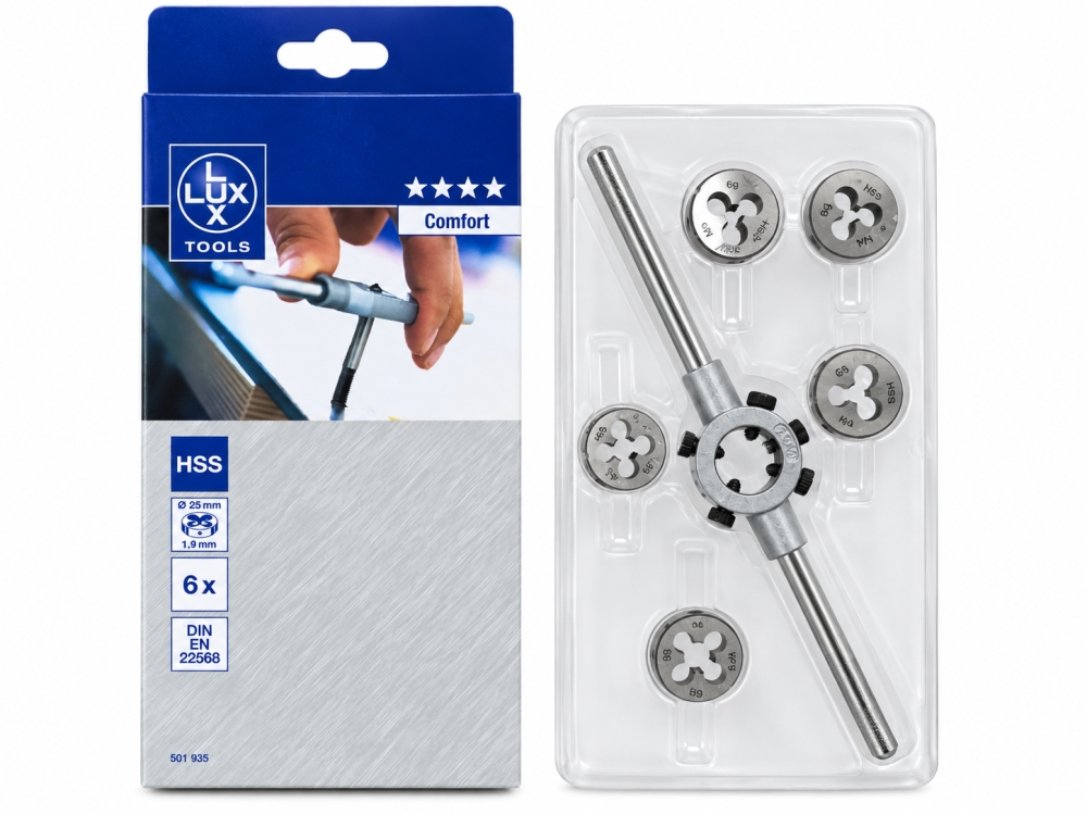 Bild 1 von LUX-TOOLS Schneideisen-Set 'Comfort' (6-teilig, M4–M10, HSS-Stahl, inkl. Schneideisenhalter) 501935