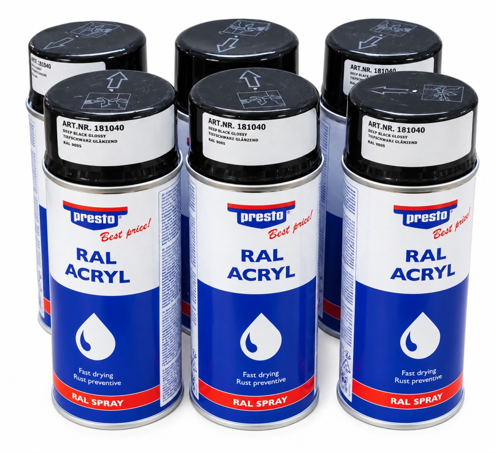 Bild 1 von PRESTO Acryllackspray Tiefschwarz glänzend (RAL 9005) [Menge wählbar]  / (Art) 6 Dosen (400ml)