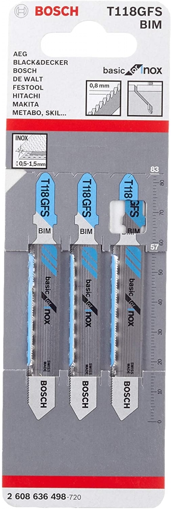 Bild 1 von Bosch - 3 Stichsägeblätter T118GFS - Basic für Edelstahl INOX (57 x 83 mm)
