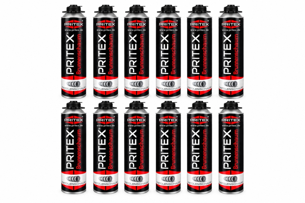 Bild 1 von PRITEX Brunnenschaum 750 ml 'BSBS750' (1K PU-Pistolenschaum für Brunnenschachtringe & Rohre)  / (Art) 12 Dosen
