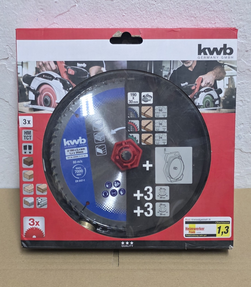 Bild 1 von KWB Kreissägeblatt Set Ø 190 x 2,4 / 1,5 x 30 / 20 / 16 mm (24 36 60 HM Zähne)