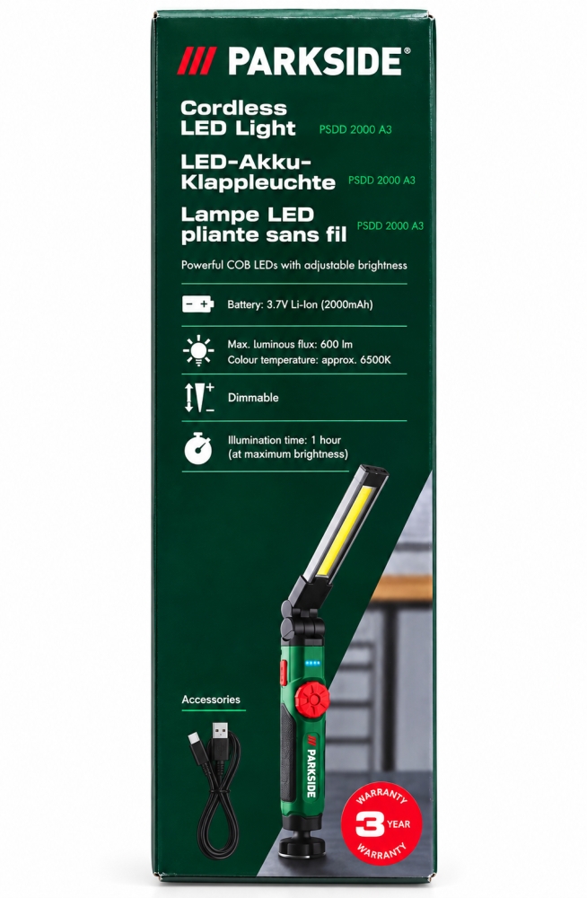 Bild 1 von PARKSIDE LED-Akku-Klappleuchte 'PSDD 2000 A3' (600 lm, 6500 K, dimmbar)