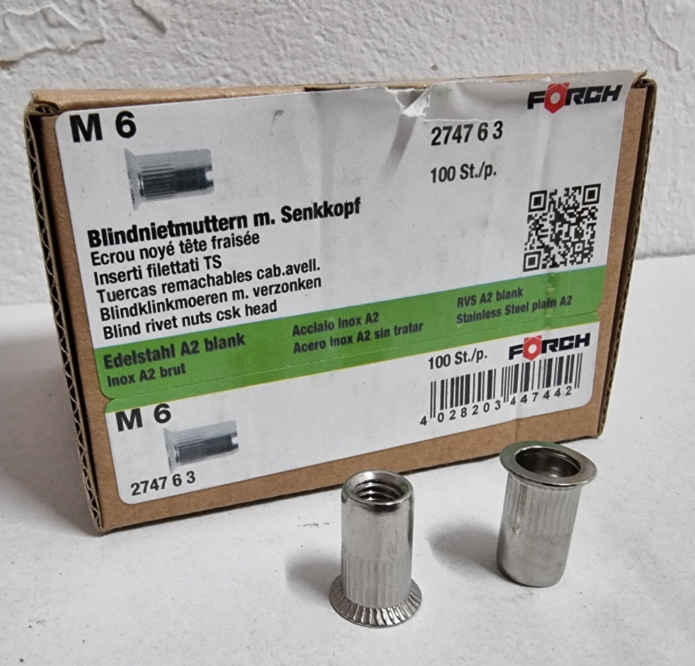 Bild 1 von 100x Edelstahl Blindnietmuttern mit Senkkopf A2 (6 x 16 mm) 
