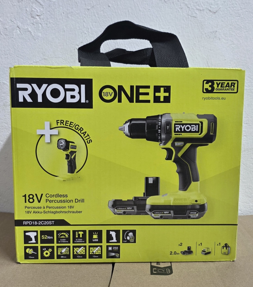 Bild 1 von RYOBI Akku-Schlagbohrschrauber ONE+ 'RPD18-2C20ST' + LED Leuchte + 2x Akku (2,0Ah)