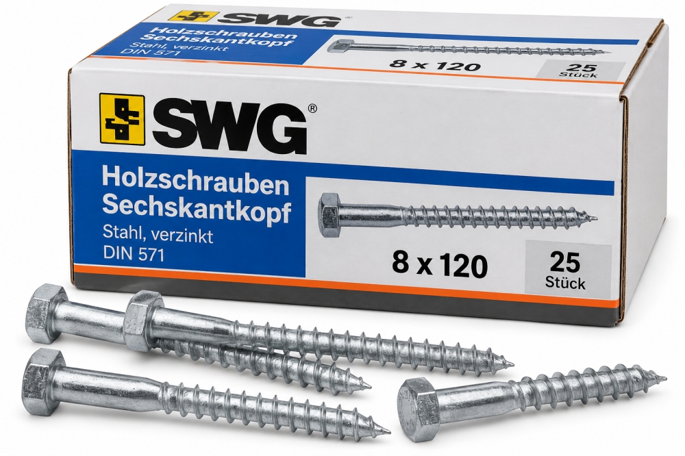 Bild 1 von 25x SWG Holzschrauben 8 × 120 mm Sechskantkopf (DIN 571, Stahl verzinkt)