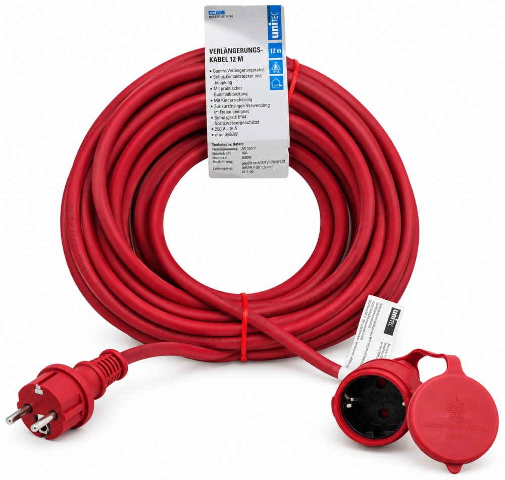 Bild 1 von UNITEC Verlängerungskabel 12M ROT für Außenbereich (IP44, H05RR-F 3G1,5 mm²) 312121