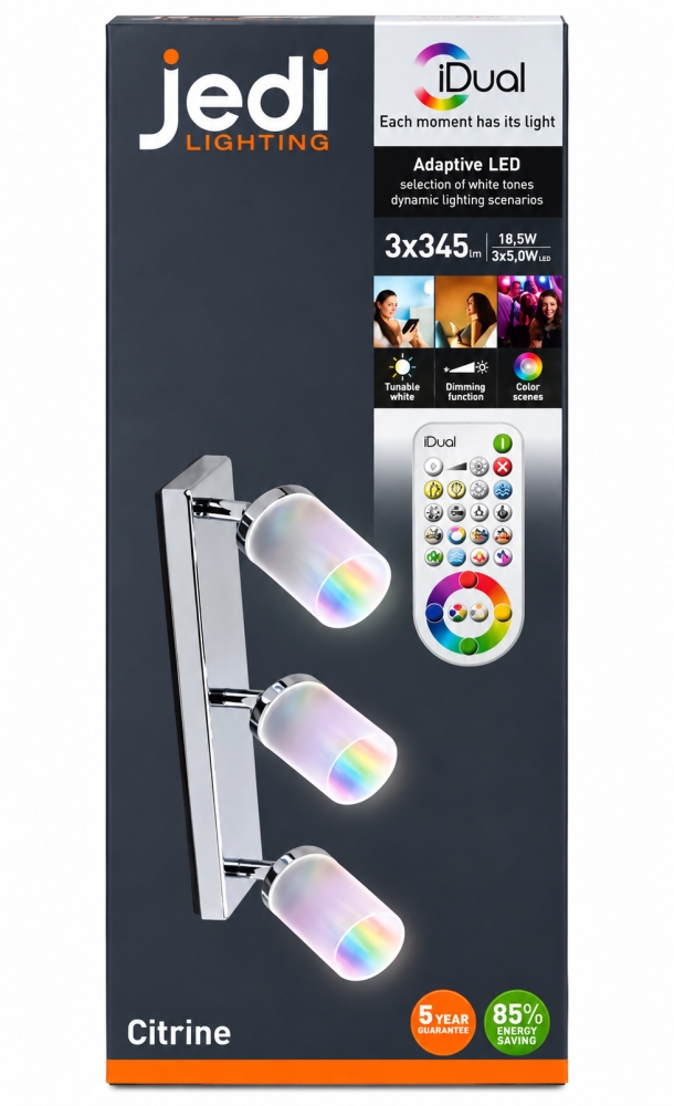 Bild 1 von JEDI Deckenstrahler LED 'Citrine' 3-flammig Chrom (RGB, Farbwechsel, dimmbar, iDual)