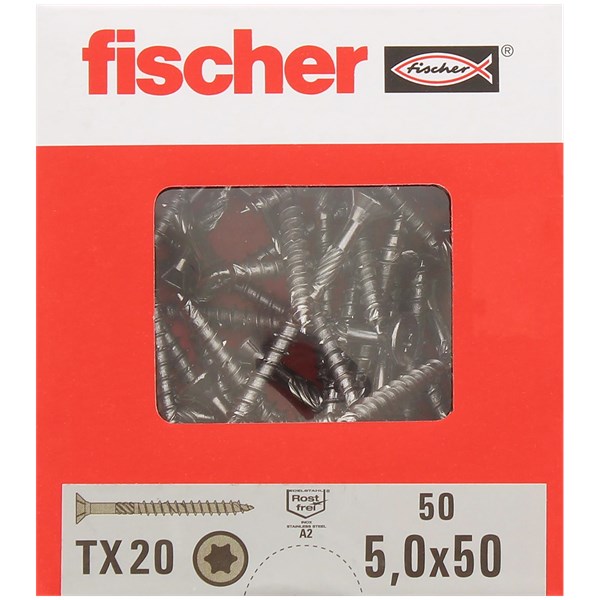 Bild 1 von Fischer 50 Spanplattenschrauben / Holzschrauben (TX20 x 5,0 x 50) A2 Edelstahl