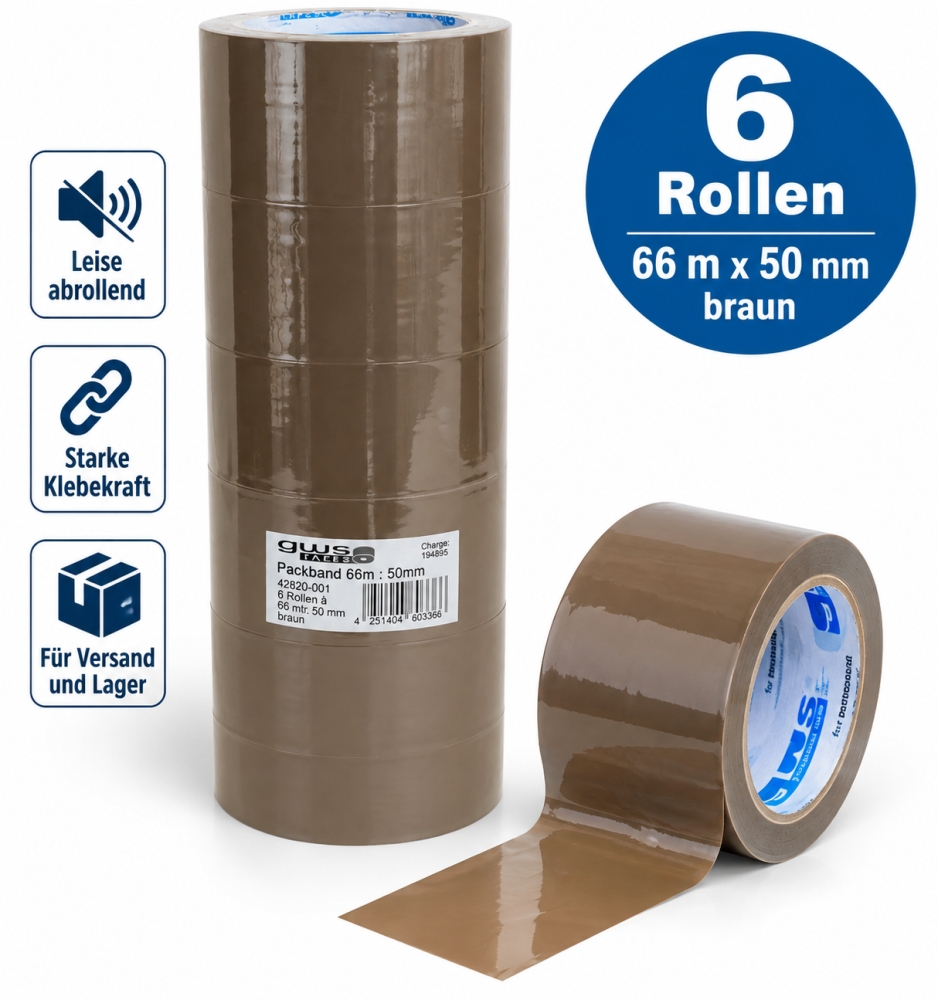 Bild 1 von 6x GWS Packband PP (66m x 50mm, braun, leise abrollend)