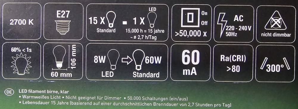 Bild 1 von 3x LED Birne (E27, 8W = 60W, 806 lm, 2700K warmweiß)